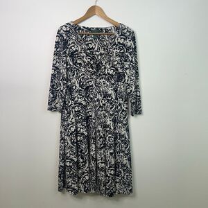 Lauren Ralph Lauren Black White Paisley Midi Dress Women’s 16 3/4 Sleeve Ruched